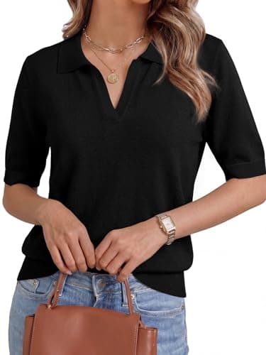 GKBK Short Sleeve Sweater for Women Polo Shirts V Neck Wool Blend Knit Tops Lightweight Sweaters Business Casual Outfits 2026 Summer Fashion Trendy Black - Image 1