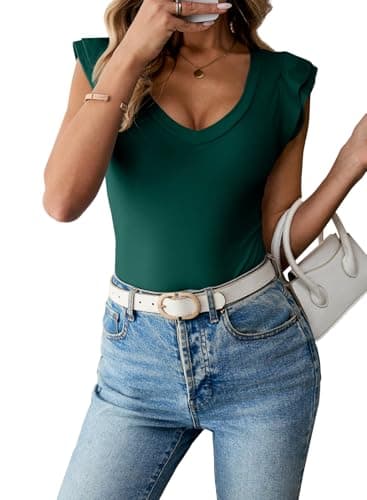 Sidefeel Womens V Neck Summer Tops Ruffle Sleeveless Slim Fit T Shirts Casual Blouses Green Small - Image 1