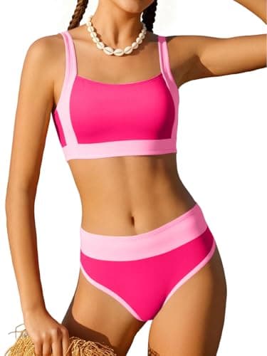 AMAWMW Girls Swimsuit Bikini Set 2 Piece Bathing Suit Color Block Swimwear for Teen Girls 7-16Y, Hot Pink, 9-10 Years - Image 1