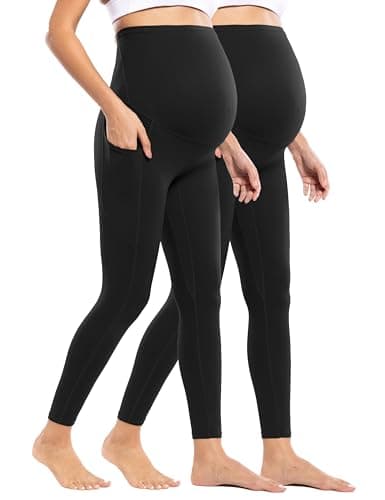 POSHDIVAH 2 Pack Women's Maternity Workout Leggings with Pockets Over The Belly Pregnancy Compression Yoga Pants Black Small - Image 1