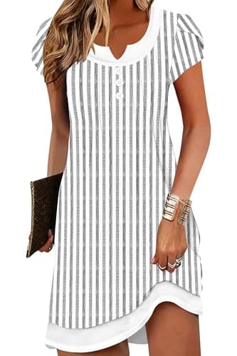 ETCYY Women's Summer Beach Dress Cover Ups Swimwear Short Sleeve Casual Dresses Vneck Button Fashion 2026 Vacation Sundress,Striped Gray,Small - Image 1