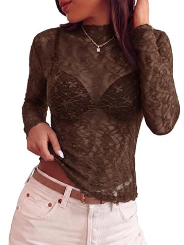 BTFBM Womens Tops Mesh Lace Long Sleeve Tops for Women 2026 Spring Fall Sexy Sheer See Through Tight Party Club Outfits(Brown, XX-Large) - Image 1