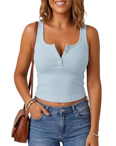 G4Free Sleeveless Tank Tops for Women Ribbed Cropped Going Out Henley Tanks Square Neck Crop Top (Blue Willow,XXL) - Image 1
