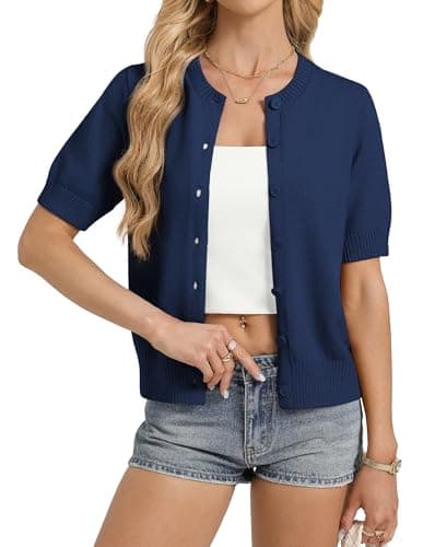 GRACE KARIN Women's Navy Short Sleeve Cardigan, Plus Size Summer Lightweight Cardigans, Basic Button Down Ribbed Sweater - Image 1