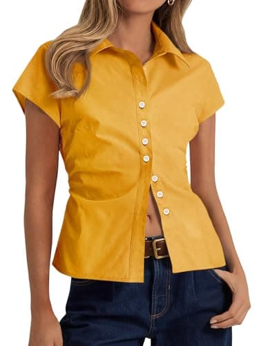 Cicy Bell Womens Summer Button Down Shirts Short Sleeve Slim Fit Petite Ruched Cotton Blouses Cute Going Out Tops - Image 1