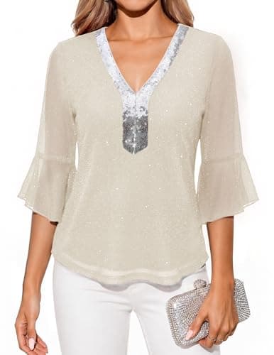 DRESSTELLS Women 3/4 Sleeve Sequin Tunic Top Sparkly Blouses Shirts Ivory M - Image 1