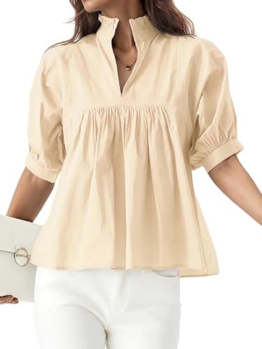YIGAMA Women's Cotton Puff Sleeve Blouse V-Neck Pleated Peplum Tops Dressy Casual Babydoll Shirts Summer Work Office Outfits Beige - Image 1