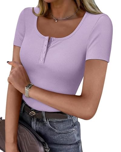 GKBK Women's Summer Short Sleeve Tops Ribbed Knit Henley Button Up Slim Fit Basic Casual T Shirts Blouse Clothing Light Purple XL - Image 1
