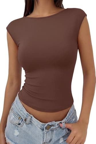 REORIA Womens Sexy Backless Going Out Tops Double Lined Boat Neck Cap Sleeve Shirts Slim Fitted Open Back Y2k Basic Tee, Coffee Medium - Image 1
