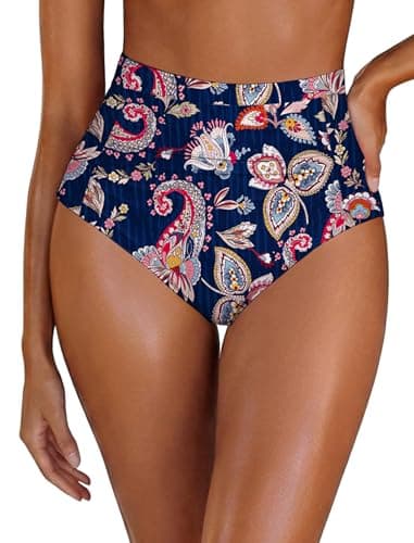Women's High Waisted Swimsuit Bottom Tummy Control Ruched Bikini Bottom Vintage Swim Bottom Tankini Briefs - Image 1