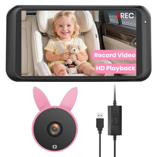 Babyvue Car Camera for Baby with Video Recording & Playback, 1080P HD Rear Facing Car Baby Monitor, 4.5" Display with Auto Night Vision, USB Plug & Play Car Seat Camera for Infants, Pink - Image 1