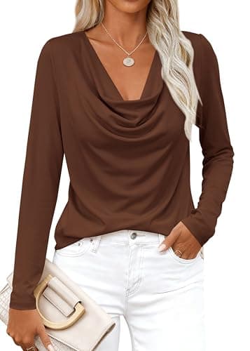 PRETTYGARDEN Womens Spring Tops 2026 Dressy Cowl Neck Long Sleeve Shirts Loose Business Casual Blouses Teacher Tunic Top(Brown,Medium) - Image 1