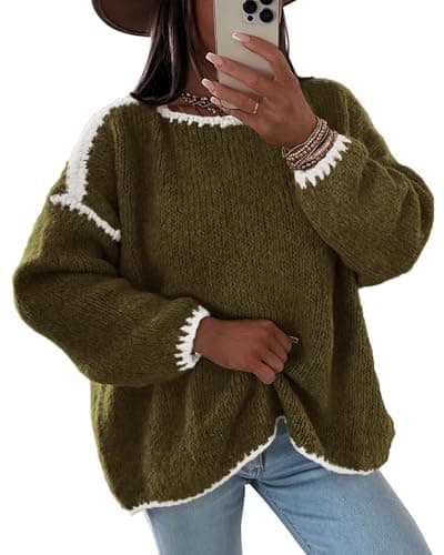 KIRUNDO Womens Sweaters 2026 Fall Oversized Long Sleeve Chunky Knit Crew Neck Contrast Stitching Pullover Winter Clothes(Army Green, Large) - Image 1