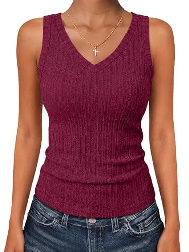 ANRABESS Women’s V Neck Tank Tops, Soft Comfy Ribbed Knit, Slim Fitted Going Out Shirts, Summer Outfits for Travel Work Daily Burgundy X-Small - Image 1