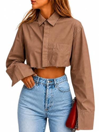 Wcuvbv Women's Asymmetrical Hem Long Sleeve Button Up Shirt Crop Top Blouse Brown S - Image 1