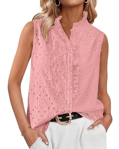 BTFBM Womens Sleeveless Button Down Shirts Ruffle V Neck Casual Hollow Out Eyelet Tops Boho Spring Vacation Blouse 2026(Pink, Large) - Image 1