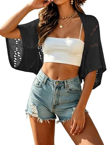 BB&KK Shrugs for Women Crochet Summer Cardigan Hollow-Out Batwing Short Sleeve Lightweight Knit Tops Bolero Cardigans - Image 1