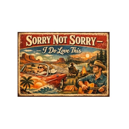 Sorry Not Sorry I Do Love This Tin Sign Vintage Road Trip Metal Wall Art Retro Outdoor Scene Decorative Plaque Funny Quote Sign for Home Cabin Garage Wall 8x12 Inch - Image 1