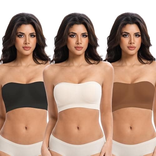 Lusait Strapless Bras for Women Non-Slip Seamless Padded Bandeau Bra Wireless Convertible Tube Top Bralette Black+Beige+Brown XL - Image 1