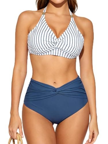 Lallabai Women's High Waisted Tummy Control Bikini Sets V Neck Twist Front Bathing Suit Crisscross Tie Back 2 Piece Swim Suit - Image 1