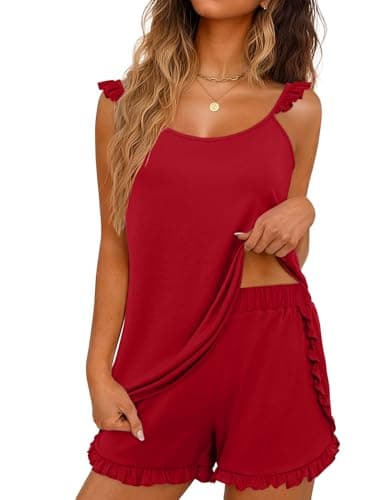JUSTFASHIONNOW Shorts Pajama Set for Women Ruffle Cami Set Summer Two Piece Sets Cute Pjs Soft Lingerie Casual Tank Top Elastic Waist Split Shorts Sexy Camisole Lounge Set (Red, Medium) - Image 1
