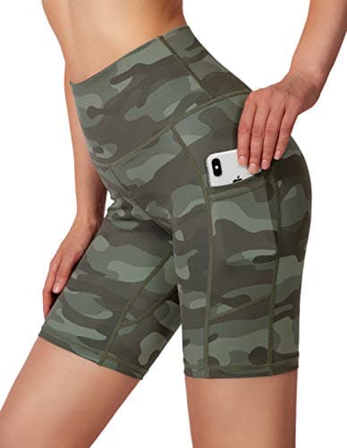 Soothfeel Women's High Waist Yoga Shorts with Side Pockets Tummy Control Running Gym Workout Biker Shorts for Women 8" /3"(8" Green Camo, M) - Image 1