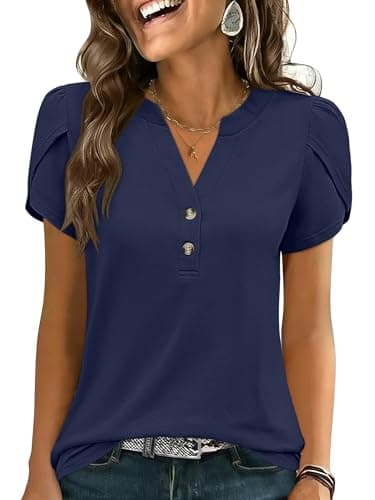 ANRABESS Womens Petal Short Sleeve Henley Shirts Summer 2026 V Neck Dressy Casual Blouses Spring Business Work Tunic Tops Navy Blue Large - Image 1