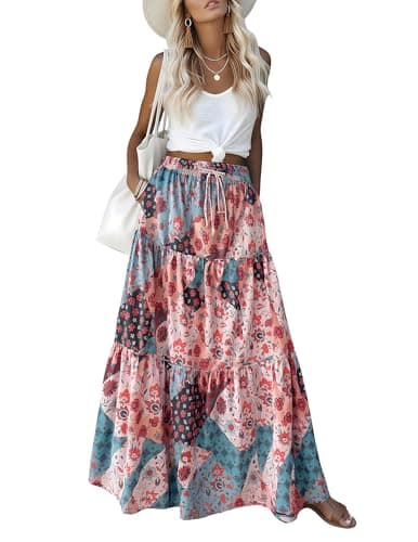 Aprolive Womens Summer Maxi Skirt Drawstring Elastic High Waist Skirt Tie Long Skirts A-Line Skirts Flower Boho Dress 2026 Clothes(1-B Multicolor,Large) - Image 1