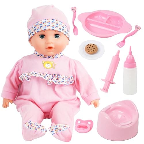SMILESSKIDDO Interactive Baby Doll Pink - 16 Inch Crying Talking Feeding Dolls with Different Sounds and Accessories, Pretend Play Preschool Toys for 2 3 4 5+ Year Old Girls Boys Gift - Image 1