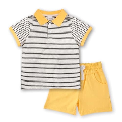 JiuBreeze Toddler Baby Boys Summer Short Sleeve Polo Shirts Set 2-piece Striped Outfits 18 Month-5T (Yellow, 2-3T) - Image 1