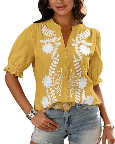 BTFBM Women's 2026 Spring Tops Casual Floral Boho V Neck Puff Short Sleeve Button Down Shirts Embroidered Blouses Tunic(Floral Yellow White, Medium) - Image 1