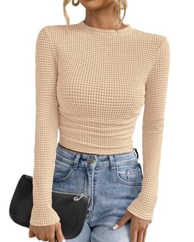 PRETTYGARDEN Womens Tops 2026 Spring Long Sleeve Fitted T Shirts Waffle Ruched Crop Shirt Basic Knit Workout Y2k Clothes(Beige,X-Large) - Image 1