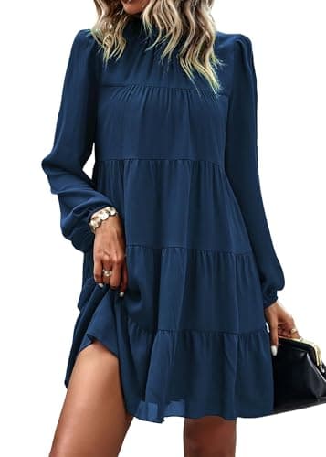 KIRUNDO Long Sleeve Baby Doll Dresses Women 2026 Casual Spring Summer Ruffle Mock Neck Tiered Mini Flowy Swing Shift Dress(Lake Blue, Large) - Image 1