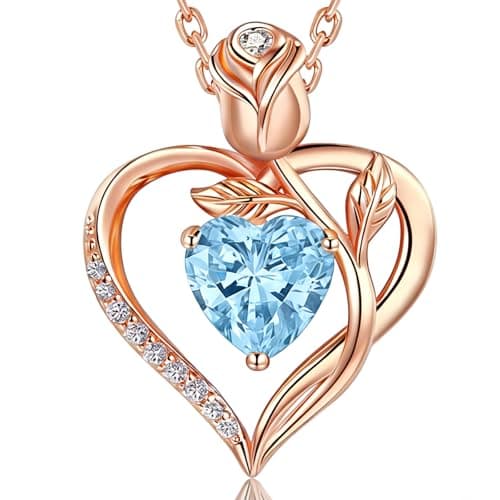 1.2CT Rose Heart Necklace Option of Moissanite or Lab-Grown Sapphire Ruby Emerald Necklace for Women Birthstone Girlfriend Necklace S925 Sterling Silver 18K White/Rose Gold Plated D Color VVS1 Gift for Wife Mother Daughter for Birthday Anniversary Christmas Engraved 'I Love You' (Mar/Dec Aquamarine Rose Gold) - Image 1
