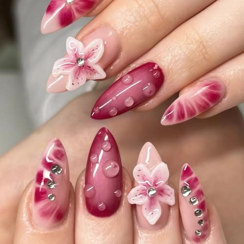 3D Flower Press On Nails, Yacey Reusable Almond Fake Nails, Rose Red Thick Acrylic False Nails Press Ons with Flower Designs, Luxury Artificial Glossy Glue on Nails for Women Girls 24Pcs/12 Sizes