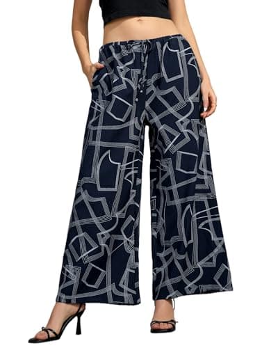 Ystguic Womens Wide Leg Drawstring Palazzo Lounge Pants Geometric Print Elastic Waist Comfy Casual Rayon Pants Out Going Travel 2025 Trendy X-Large YG070 Navy Blue XL - Image 1