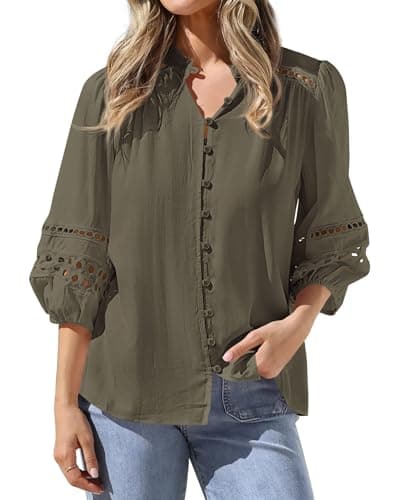 BTFBM Summer Tops for Women 2026 Eyelet Top 3/4 Length Sleeve Dressy Casual Blouses Spring Boho Button Down Shirts(Army Green, X-Large) - Image 1