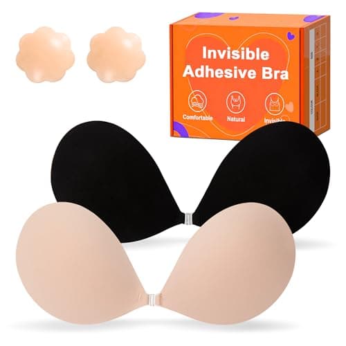GKHWON Sticky Push Up Strapless Bras for Women,Ultra Adhesive Bra for Backless Dress,Invisible Silicon Bra with Nipple Covers (C Cup,Nude and Black) - Image 1