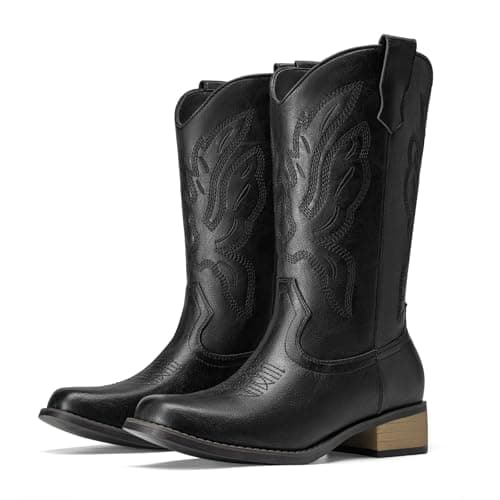 Athlefit Black Cowboy Cowgirl Boots for Women Mid Calf Square Toe Comfortable Chunky Low Heel Mid Calf Boots for Theme Party Country Concert Size 6.5,SAMB2605W - Image 1