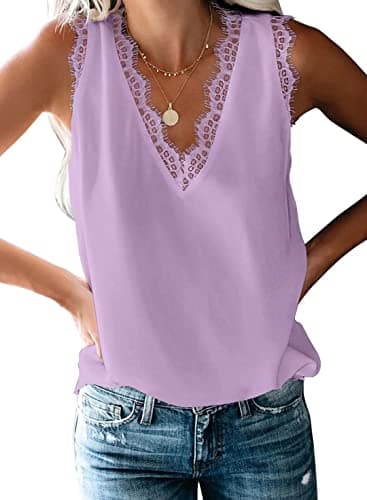 BLENCOT Women Tank Tops Summer V Neck Lace Trim Casual Sleeveless Dressy Blouse Shirts Purple XL - Image 1