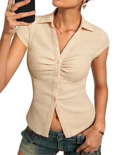 Women Textured Button Down Blouse, V-Neck Ruched Top with Y2K Collar, Slim Fit Cap Sleeve Going Out Casual Shirt(Apricot, XL) - Image 1
