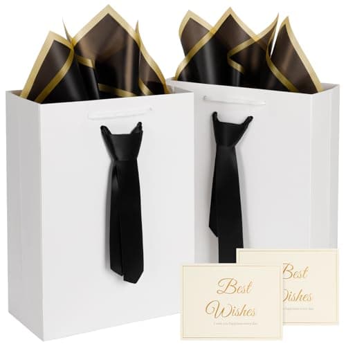 2 Pcs Fathers Day Gift Bags, white Gift Bags with Handles and Pre-Tied Blue Tie, 2 tissue paper and 2Greeting Cards,Fathers Day Gift Bag, birthday gift bags for men boy, Teacher Appreciation gift bags,Graduation Party Wedding gift bags (Small white/black)