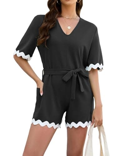 GAMISS Jumpsuit Shorts for Women Dressy Short Sleeve V Neck Romper Patchwork with Pockets Overall Classic Black Small - Image 1