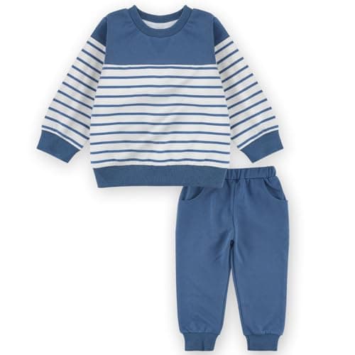 JiuBreeze Toddler Baby Boy Fall Winter Long Sleeve Shirts Set 2-piece Striped Outfit Set (Blue, 3-4T) - Image 1