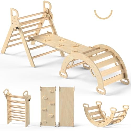 BlueWood Pikler Triangle Set, Toddler Wooden Climbing Toys Indoor 7in1 Climber, Foldable Kids Climbing Toys, Montessori Play Jungle Gym with Arch, Ramp, Ladder (Natural)