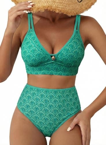 Herseas Women's Bikini Sets V Neck Cutout Two Piece Swimsuit Push Up High Waisted Tummy Control Bathing Suits Sexy Beach Swim Wear Summer 2026 Zigzag Stitch Green Scalloped Floral Small - Image 1
