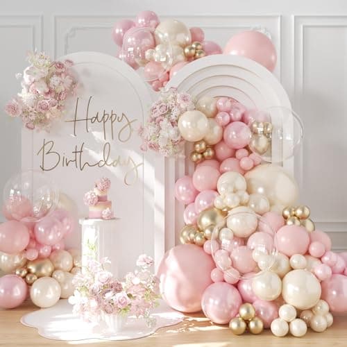 Pink White Gold Balloon Arch Kit, 132Pcs Double Stuffed Pearl Pink White Gold Clear Balloons for Fairy Baby Shower Wedding Bridal Shower Birthday Party Decorations - Image 1