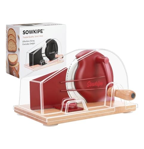 SOWKIPE Upgraded Manual Bread Slicer for Homemade Sourdough Bread, Adjustable Thickness Hand Crank Bread Cutter with Metal Guide, Scale Line, Even Slices, Suction Cups, Cover (Red) - Image 1
