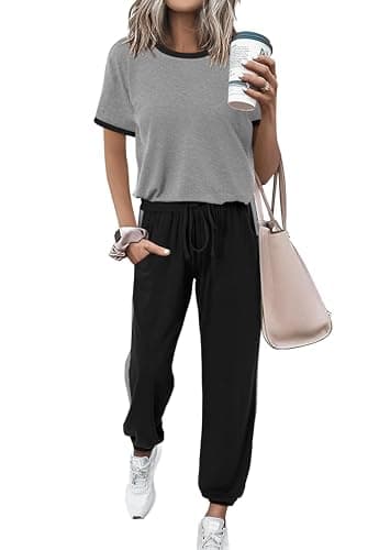 MASCOMODA Womens 2 Piece Outfits 2026 Summer Tracksuit Sets Short Sleeve Tops Travel Long Pants Jogger Lounge Set(Grey Black,XX-Large) - Image 1