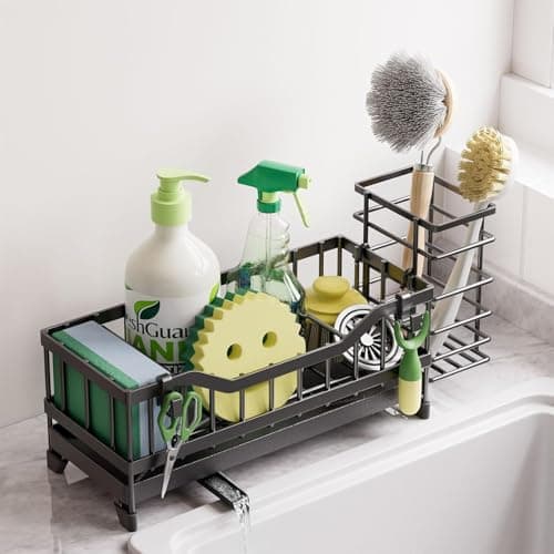 Sponge Holder for Kitchen Sink, Kitchen Sink Caddy with Long-Handled Dish Brushes Holder, 304 Rustproof Stainless Steel Countertop Organizers and Storage, Home Kitchen Sink Accessories (Black) - Image 1